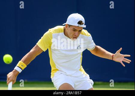 Sebastian Baez (ARG) playing in the first round on the first full day of the Rothesay International tennis at Devonshire Park, Eastbourne, UK. 26th Ju Stock Photo