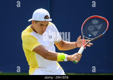 Sebastian Baez (ARG) playing in the first round on the first full day of the Rothesay International tennis at Devonshire Park, Eastbourne, UK. 26th Ju Stock Photo