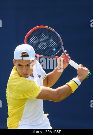 Sebastian Baez (ARG) playing in the first round on the first full day of the Rothesay International tennis at Devonshire Park, Eastbourne, UK. 26th Ju Stock Photo