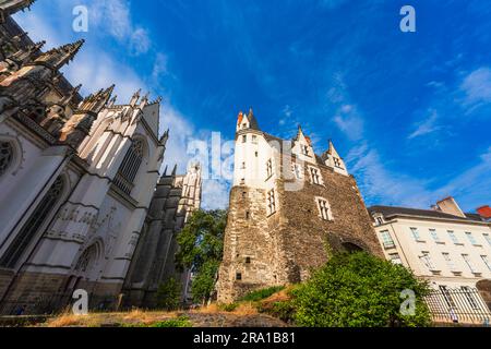 Low-angle view of Saint Peter's Gate 15h century building and the Nantes Cathedral Stock Photo