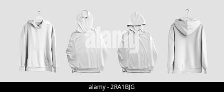 Mockup of white long hoodie with pocket, presentation laid out front, back, on hanger, isolated on background. Set of fashionable clothes for design, Stock Photo