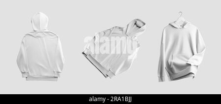 White long hoodie mockup, presentation front, back, on hanger, fashion clothes for design, print, pattern. Product photography set for commerce. Longs Stock Photo