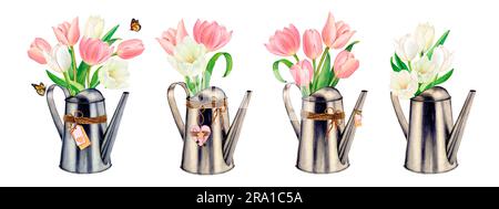 Watercolour drawn set of metal watering cans with beautiful pink and white tulip flower bouquets, butterflies, heart decoration and name tag on white Stock Photo