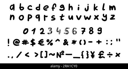 Childlike black english latin abc alphabet font with digits and symbols handwritten A to Z, 0 to 9 set. Vector illustration in doodle style isolated o Stock Vector