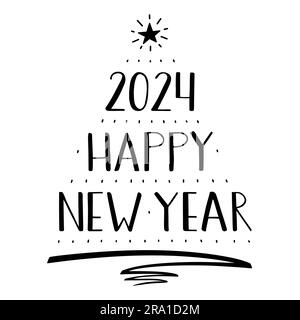 2024 Happy New Year handwritten Lettering, modern brush ink calligraphy. A Christmas tree is made of the numbers, text, pen stroke and star. Black and Stock Vector