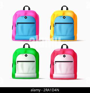 Schoolbag vector set design. Back to school student bag, travel backpack and office colorful elements collection. Vector illustration educational item Stock Vector