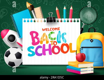 Back to school vector template design. Welcome back to school colorful text in paper stationery with learning items and supplies decoration. Vector Stock Vector