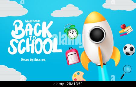 Back to school text vector design. Welcome back to school in blue sky background with rocket ship launch and kids elements. Vector illustration Stock Vector