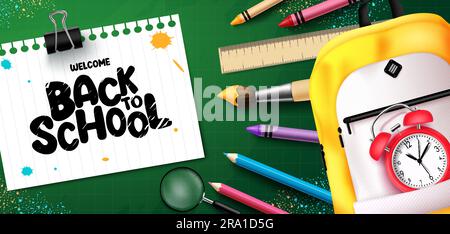 Back to school text vector design. School welcome greeting typography in white paper stationery with student elements. Vector illustration educational Stock Vector