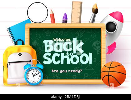 Welcome back to school vector design. Back to school text in green chalk board, school bag and alarm clock educational elements. Vector illustration Stock Vector