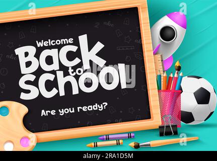 Welcome back to school vector design. Back to school are you ready text in black board space with water color palette and brush. Vector illustration Stock Vector