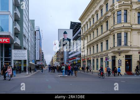 Berlin, Germany - April 19, 2023 : View of the famous Checkpoint Charlie, the crossing point between East Berlin and West Berlin Germany Stock Photo