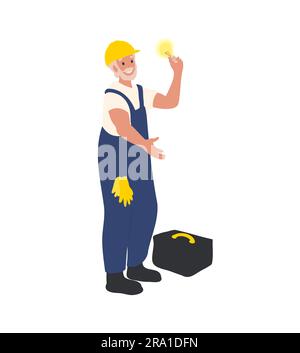 Electricity workers. Electrician with lamp in hand Stock Vector