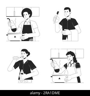 Busy people at home flat line black white vector characters Stock Vector