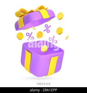 3d Open Gift Box with flying Percent Symbols and Yellow Coins. Symbol of Surprise. Concept of Promotion, Discount, Sale, Gift. Cartoon Style. Vector 3 Stock Vector