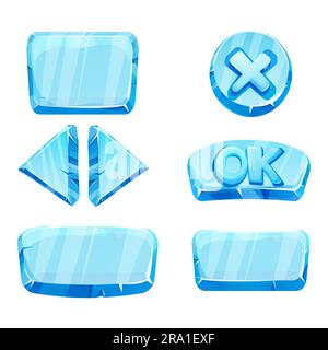 Set frozen ice frames, panels for game menu arows, buttons, ok sign in cartoon style isolated. Ui game design, app interface. Vector illustration Stock Vector