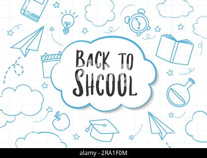 Back to school doodle style background. Education hand drawn objects and symbols banner. Stock Vector