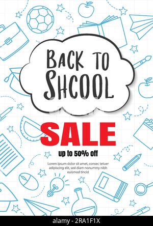 Back to school sale in doodle style background. Education hand drawn objects and symbols banner. Stock Vector