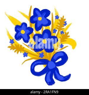 Hand drawn illustration of blue yellow bright colorful flowers wildflowers in bouquet with bow ribbon. For thank you card congratulations, floral leaves leaf design, garden bloom blossom in doodle cartoon style Stock Photo
