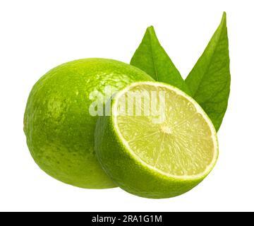 Lime on a white isolated background. Lime with leaves cut in half from different sides close-up. Suitable for advertising banner or packaging label. Stock Photo