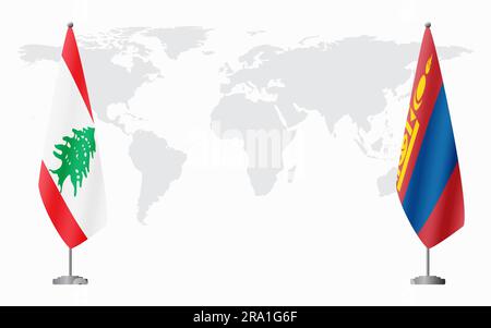 Lebanon and Mongolia flags for official meeting against background of world map. Stock Vector