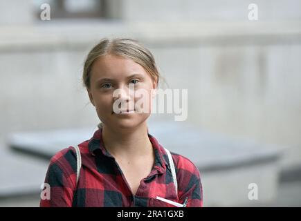 KYIV, UKRAINE - JUNE 29, 2023 - Swedish environmental activist Greta Thunberg arrives at the Office of the President of Ukraine for the briefing on th Stock Photo
