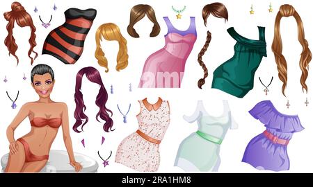 Beauty Paper Doll with Outfits, Hairstyles and Accessories. Vector Illustration Stock Vector