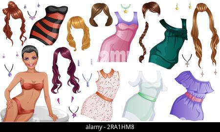 The brunette paper doll with cutout clothes Stock Vector Image