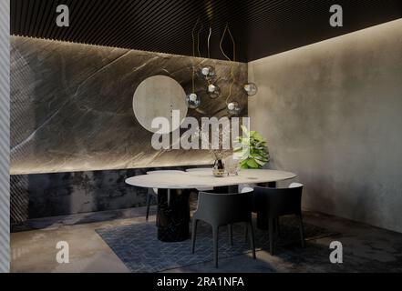 Modern dining room interior design contemporary, with natural tones on the room, walls, floor and ceiling. 3d rendering illustration Stock Photo