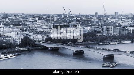 London, United Kingdom - October 31, 2017: London cityscape, aerial view with Waterloo Bridge, blue toned photo Stock Photo