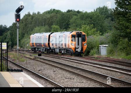 West Midlands Railway class 196 diesel train arriving at Leamington Spa station, Warwickshire, UK Stock Photo