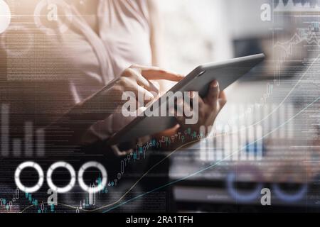 Tablet, overlay and business woman with data analysis, social media results and graphs, charts or seo statistics. Professional person hands typing on Stock Photo