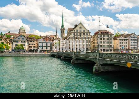 Cityscape of Niederdorf on the Limmat in Zurich, Switzerland Stock Photo