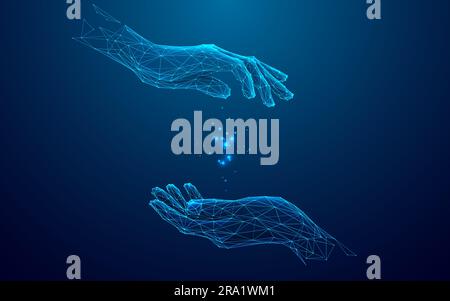 Two Digital Hands Holding Something. Blue Low Poly Wireframe Stock Vector
