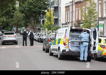 30/06/2023. London, UK.  The scene at Elthorne Road, Islington, north London where A boy, believed to be aged 15 and a man aged 23 were fatality stabbed yesterday evening (Thurs). A double murder investigation has been launched. Photo credit: Ben Cawthra/Sipa USA Stock Photo