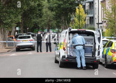 30/06/2023. London, UK.  The scene at Elthorne Road, Islington, north London where A boy, believed to be aged 15 and a man aged 23 were fatality stabbed yesterday evening (Thurs). A double murder investigation has been launched. Photo credit: Ben Cawthra/Sipa USA Stock Photo