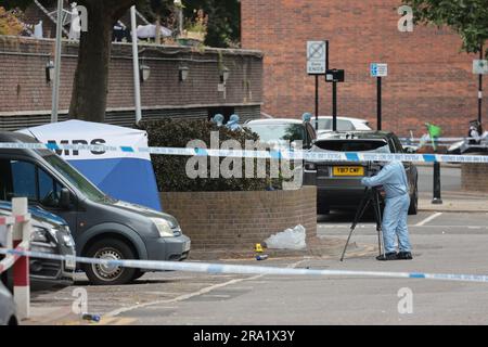 30/06/2023. London, UK.  The scene at Elthorne Road, Islington, north London where A boy, believed to be aged 15 and a man aged 23 were fatality stabbed yesterday evening (Thurs). A double murder investigation has been launched. Photo credit: Ben Cawthra/Sipa USA Stock Photo