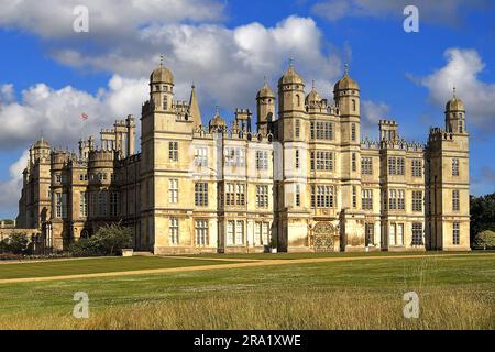 Burghley House, an English country castle near Stamford, United Kingdom, England, Lincolnshire Stock Photo