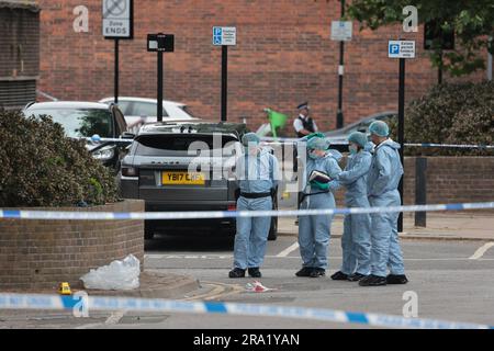 London, UK. 30th June, 2023. The scene at Elthorne Road, Islington, north London where A boy, believed to be aged 15 and a man aged 23 were fatality stabbed yesterday evening (Thurs). A double murder investigation has been launched. Photo credit: Ben Cawthra/Sipa USA Credit: Sipa USA/Alamy Live News Stock Photo