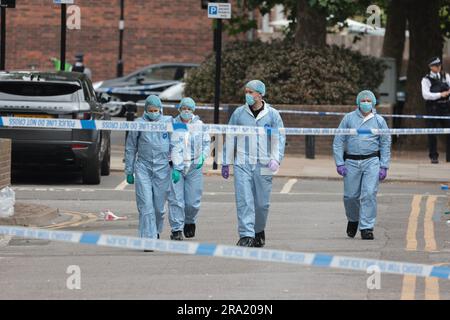 30/06/2023. London, UK. The scene at Elthorne Road, Islington, north London where A boy, believed to be aged 15 and a man aged 23 were fataly stabbed yesterday evening (Thurs). A double murder investigation has been launched. Photo credit: Ben Cawthra/Sipa USA Stock Photo