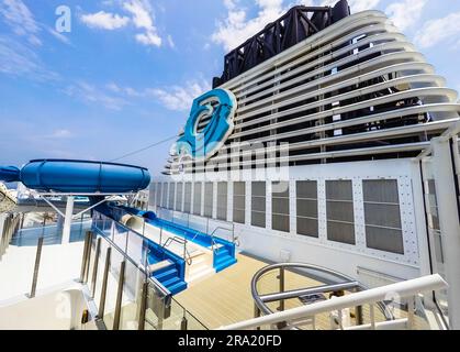 Funnel of the giant cruise ship WORLD DREAM & climbing wall, slide