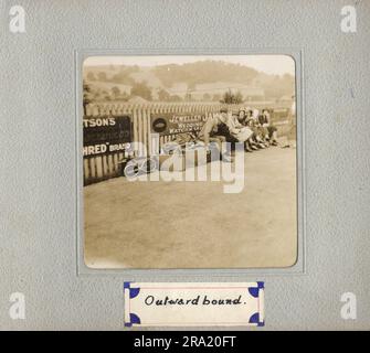 Two snapshot views of Butterley, an old crowded railway station platform in the 1920s, showing people waiting to traval to a tennis match. Advertising signs, fashion, pages of an old photo album.  Very atmospheric. Stock Photo