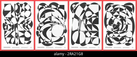 Abstract geometric bauhaus artworks. Brutalist style simple shapes with flowing liquid poster set. Memphis modern pattern background collection. Brutalism retro trendy graphic paintings. Art prints Stock Vector