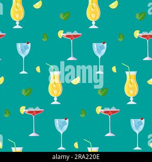 Cocktail and mint pattern on a green background. Vector illustration. Stock Vector