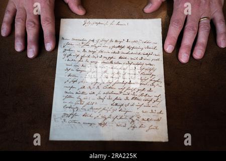 A letter from Wolfgang Amadeus Mozart's, during a photo call for highlights from the forthcoming Classic Week Sales, at Christie's, London. The sale includes works by Rembrandt, Fra Angelico and El Greco. Picture date: Friday June 30, 2023. Stock Photo