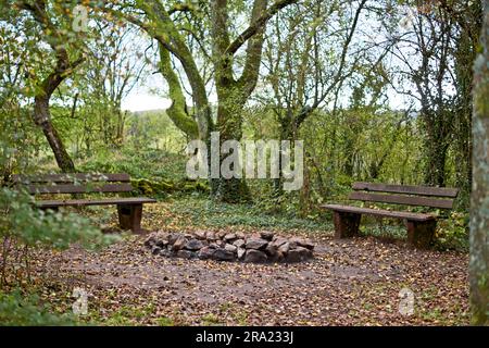 Stone fireplace photographed with a wooden bench in nature. Stock Photo