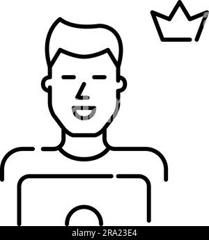 Premium user at laptop. Smiling young man with crown symbol. Pixel perfect, editable stroke Stock Vector