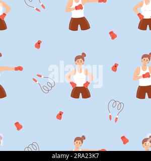 Seamless pattern women boxing. Cute girls athletes boxers on blue background with jump ropes and boxing gloves. Vector illustration in flat cartoon st Stock Vector