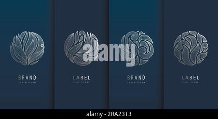Vector set of wavy line logos, wine, jewelry, perfume, tea, yoga and cosmetic labels. Art deco circles, leaves luxury signs. Package, vintage motif Stock Vector