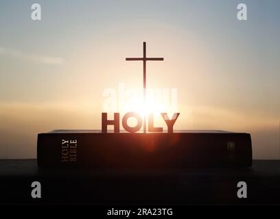 Bright rising sun and holy cross of Jesus Christ and dove of the Holy ...